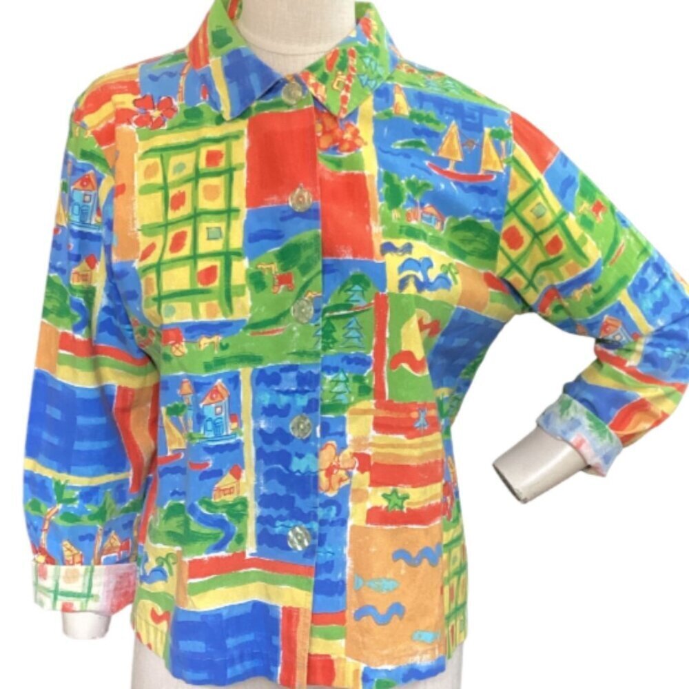 Coldwater Creek‎ Cotton Jacket Sz M Watercolor Beach Print #27Q